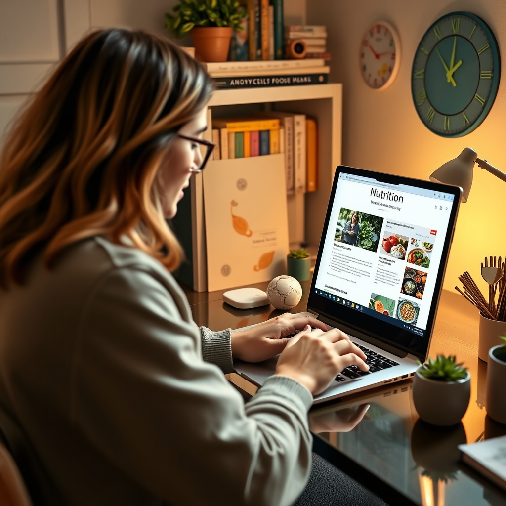 Depict a cozy home office where an individual is exploring online resources on nutrition from a laptop. The setting should be filled with motivational books and food-related decor, creating a learning space. Use soft lighting to evoke a calming yet productive atmosphere. The image can capture a close-up of the screen showing engaging content, aiming for photorealistic clarity that portrays accessibility and knowledge.