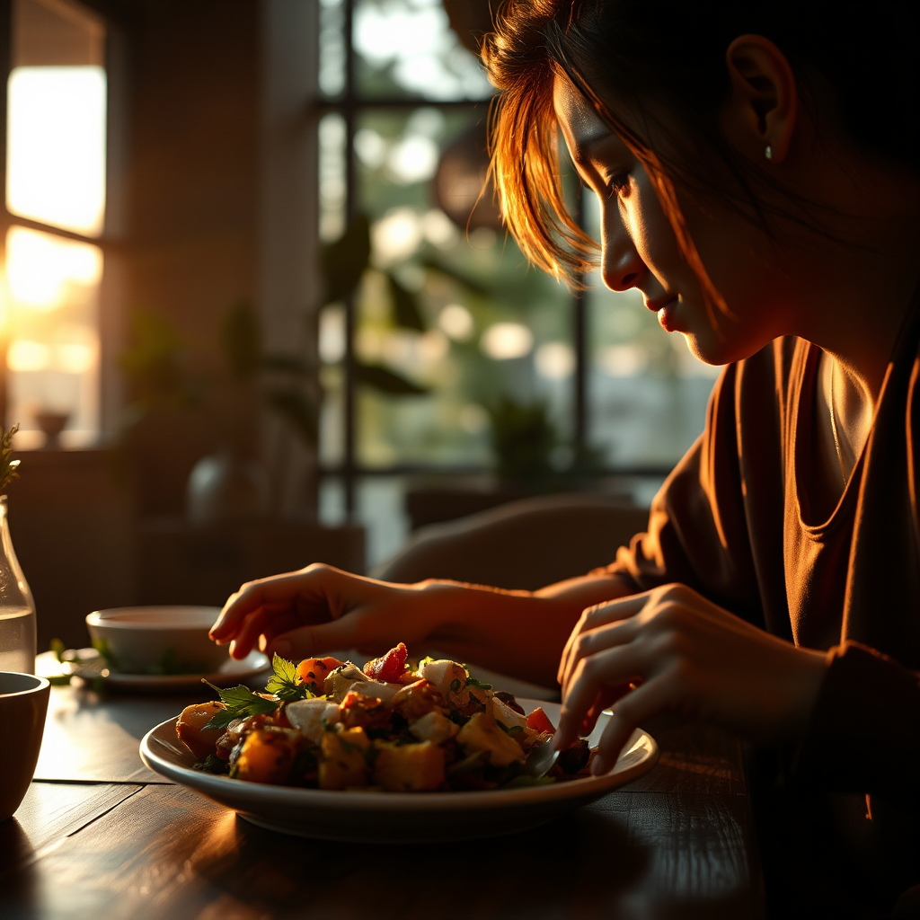 Depict an intimate dining setting where a person is savoring a meal slowly, with a backdrop of a tranquil, nature-inspired environment. Natural lighting should simulate the warmth of sunset, adding a golden hue to the scene. The image should capture the textures of the food close-up, alongside elements of nature such as plants or a view of the outdoors through a window. Emphasize mindfulness through the person’s relaxed demeanor. Aim for a high level of detail in a photorealistic style.