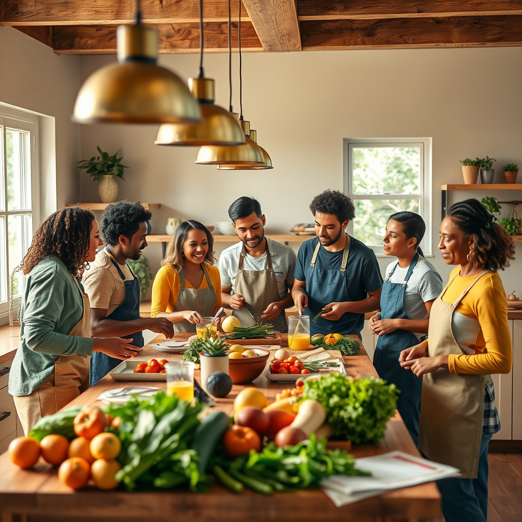 Design a high-quality, photorealistic image reflecting Body Boost's mission. The scene should depict a diverse group of people engaged around a kitchen island, enthusiastically discussing and preparing healthy meals. Use warm lighting to create an inviting atmosphere that highlights fresh produce and healthy cooking items. The color palette should consist of greens, yellows, and earthy tones, symbolizing health and vitality. Capture textures of wooden surfaces and vibrant food. The image composition should suggest unity and collaboration in cooking. The technical specs should be 4K resolution to ensure clarity.