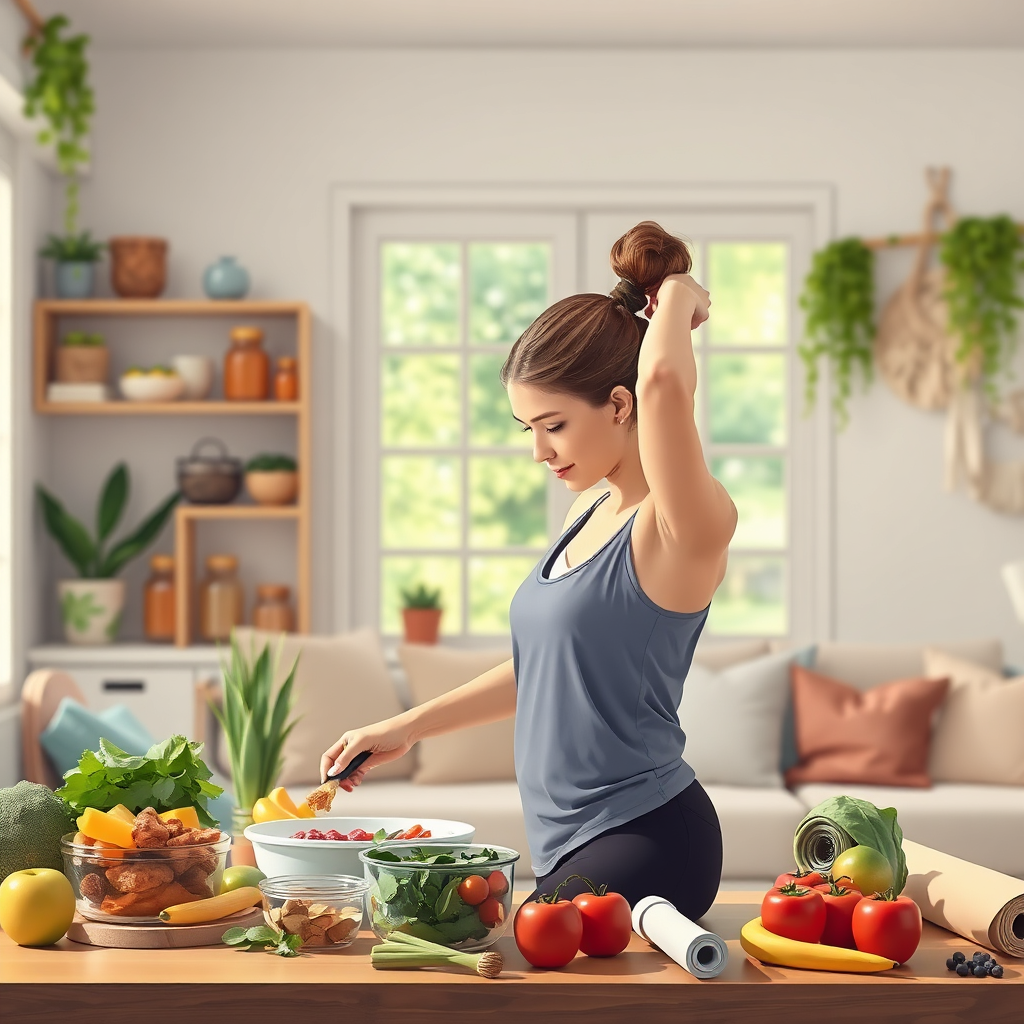 Illustrate a holistic lifestyle image that displays a person engaging in both healthy cooking and physical activity, reflecting balance and synergy. Bright lighting should convey a lively atmosphere filled with fresh foods and exercise equipment like yoga mats or weights. The background can show a cozy home environment, promoting an active yet healthy lifestyle approach. Focus on a dynamic composition that visually links nutrition and fitness, with photorealistic details emphasizing both aspects.