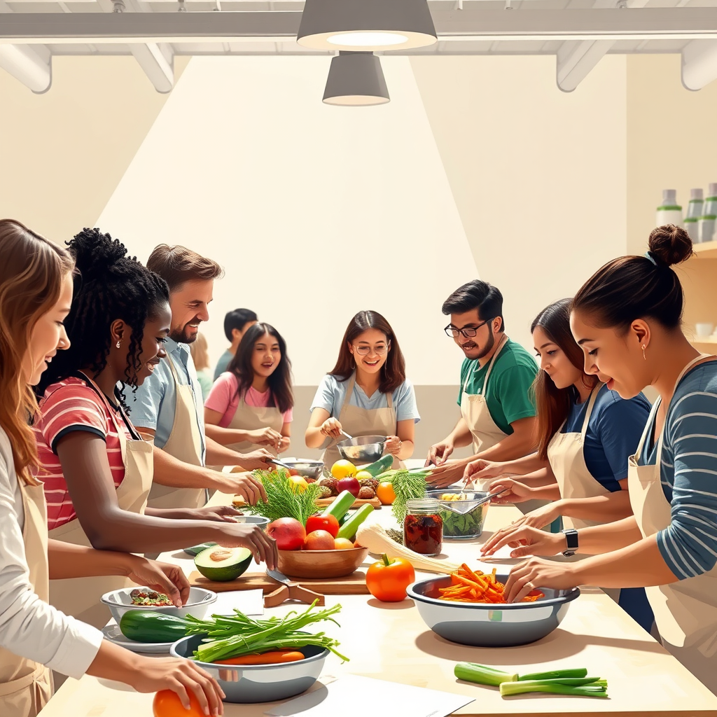 Illustrate an energetic workshop environment with a diverse group of participants actively engaged in hands-on cooking activities. The lighting should be bright and welcoming, with colorful ingredients spread across a table. The composition can feature participants discussing and collaborating, conveying the joy of learning together. Aim for a photorealistic image that highlights enthusiasm and community in nutrition education.