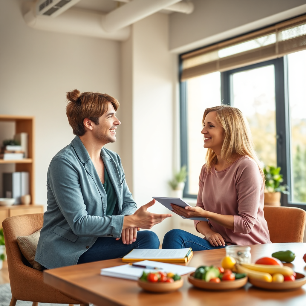Visualize a one-on-one coaching session between a nutritionist and a client in a warm and inviting office space. The setting should feature a large window with natural light pouring in, showcasing a friendly and engaging atmosphere. Include props like a notebook and healthy food samples on the table, capturing the dynamic interaction of guidance. Use a comfortable angle that emphasizes the connection between coach and client in a photorealistic style.