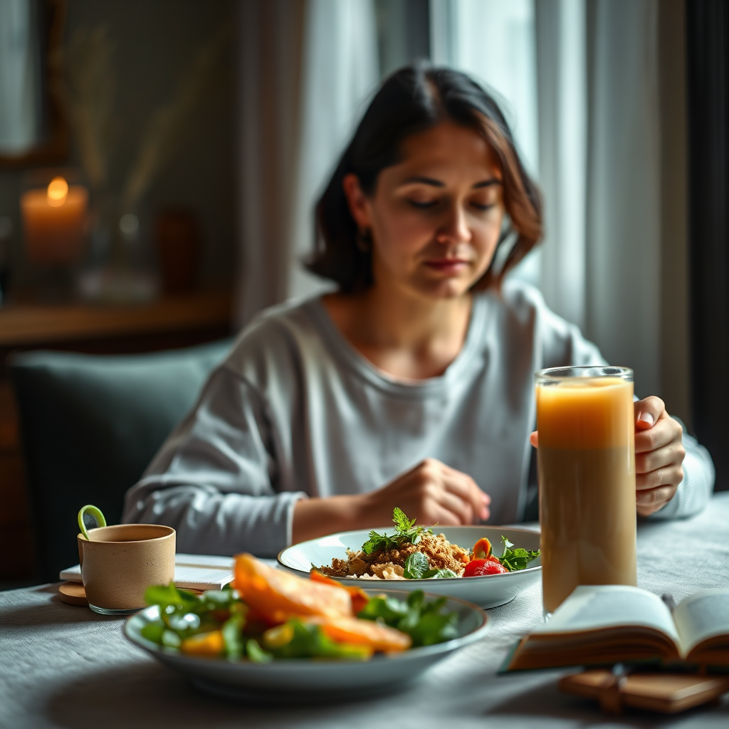 Visualize a serene setting where a person is engaged in mindful eating, perhaps sitting at a table with a beautifully presented meal. Soft, diffused lighting enhances a calm atmosphere. Use a close-up perspective to capture the detail in the food and the expression of mindfulness on the person's face. Props can include a journal and a calming beverage, emphasizing relaxation and thoughtfulness in the dining experience. The style should be photorealistic to appeal strongly to the principles of mindfulness.