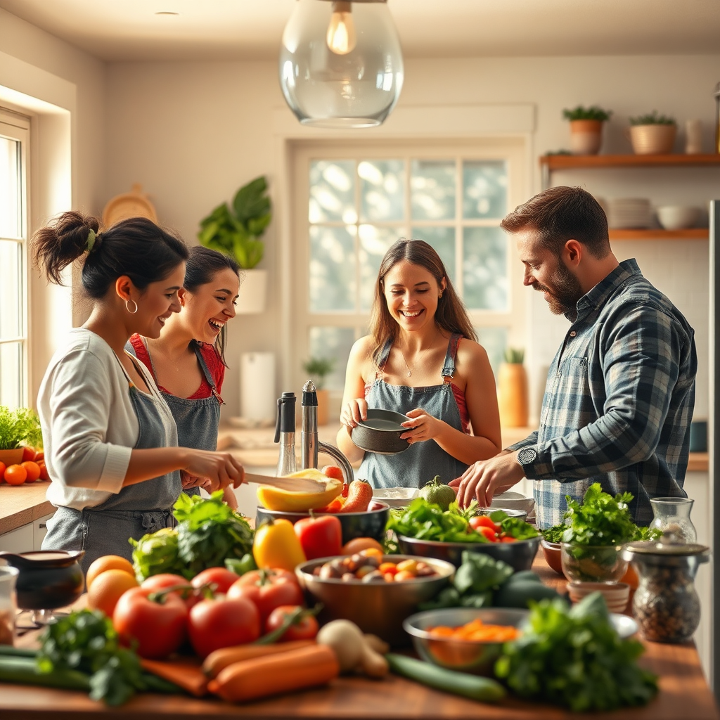 Visualize an everyday scenario in a kitchen where healthy meals are being prepared. Highlight a family or group of friends joyfully cooking together with fresh ingredients surrounding them. The atmosphere should be light and happy, with warm lighting showcasing a bustling kitchen environment. Use textures to capture the vibrancy of the food and the dynamics of interaction. Create a photorealistic scene to reflect the joy of balanced nutrition in daily life.
