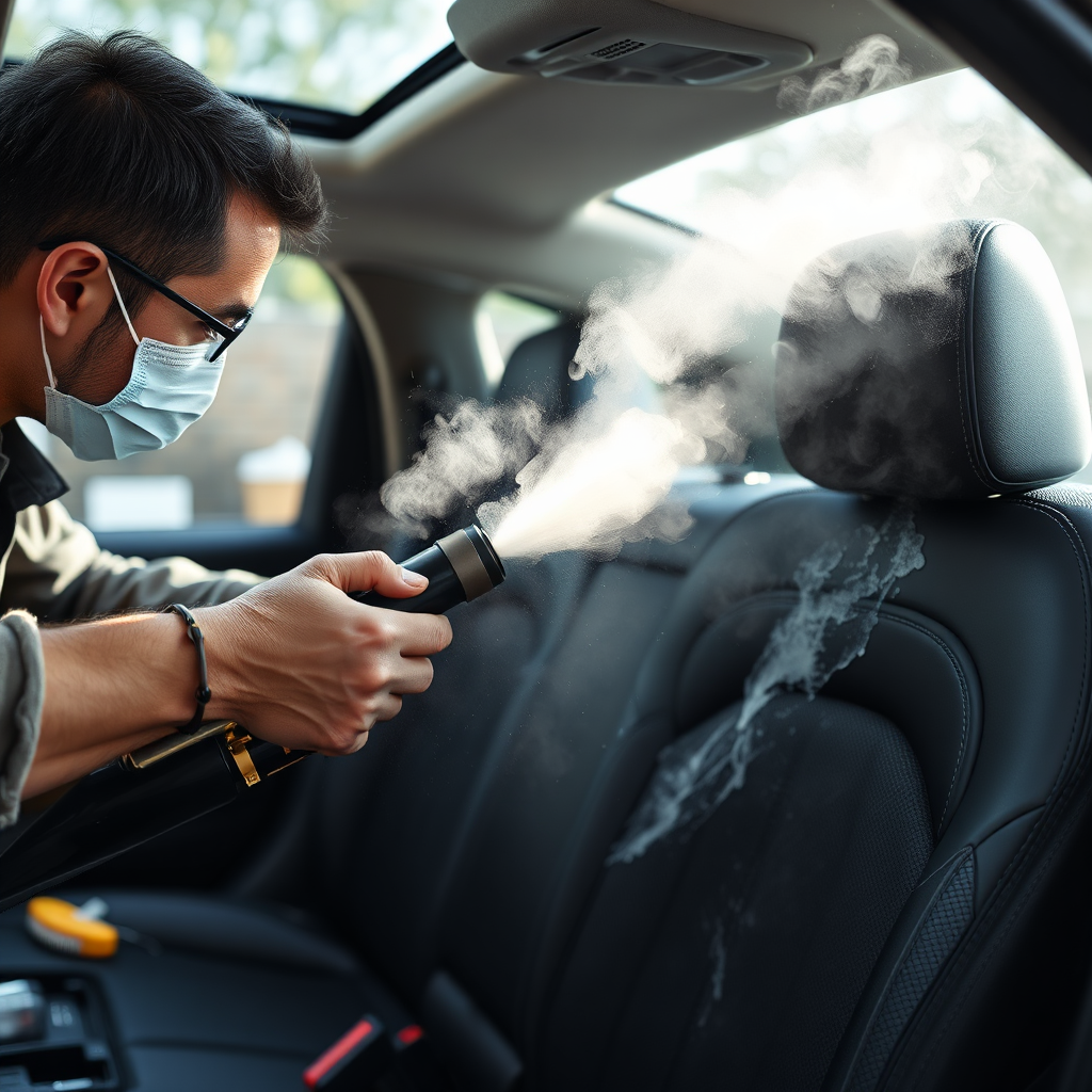A close-up, photorealistic image depicting a technician steam-cleaning car upholstery, showcasing the process of intense care and attention. The steam rises visually, with details like brushes and cleaning solutions in the background adding context. Natural light highlights the cleanliness emerging from the surfaces being worked on.