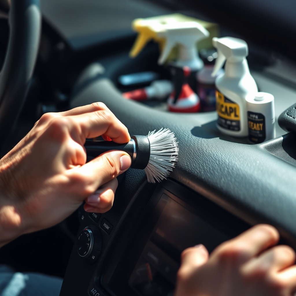 A close-up shot of hands using a detailing brush to clean intricate parts of a car's dashboard. The image captures fine details of the textures and surfaces. Bright, natural light filters in to illuminate the scene, casting gentle shadows that add depth. Various detailing supplies are subtly visible in the background.