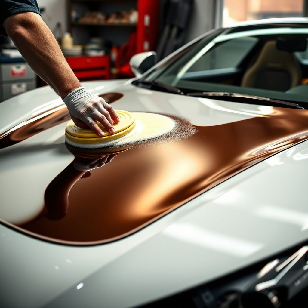 A detailed image illustrating the application of polish on a high-end sports car, with a focus on the hood. The light source highlights every curve, and the technician's careful hand movements are evident, exuding a sense of craftsmanship. The workspace is bright and organized, with detailing products shown in the background.