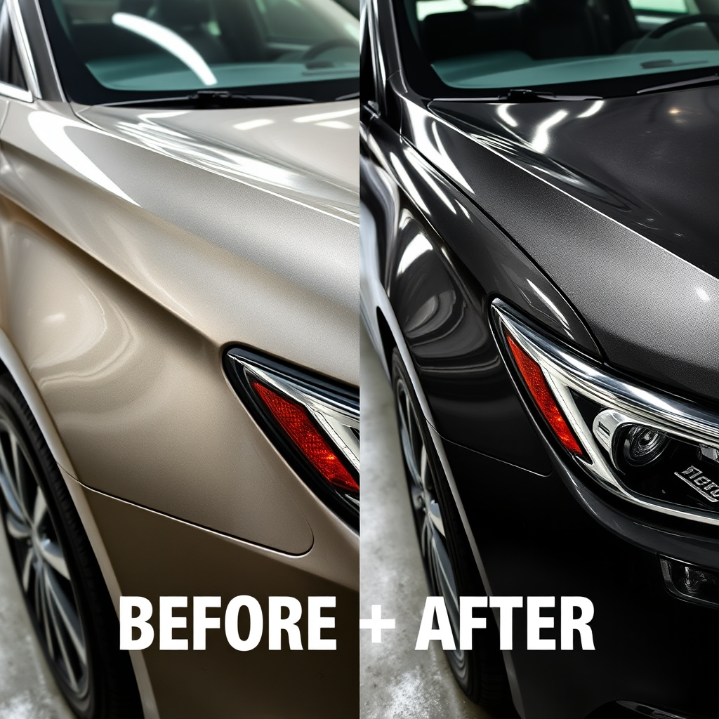 A dramatic before-and-after visual juxtaposition of a car’s exterior. One side shows a well-worn vehicle, while the other exhibits a stunningly detailed finish. The contrast showcases the effectiveness of the detailing service, with rich colors and reflections. Perfect lighting emphasizes the transformation, evoking a sense of wow.