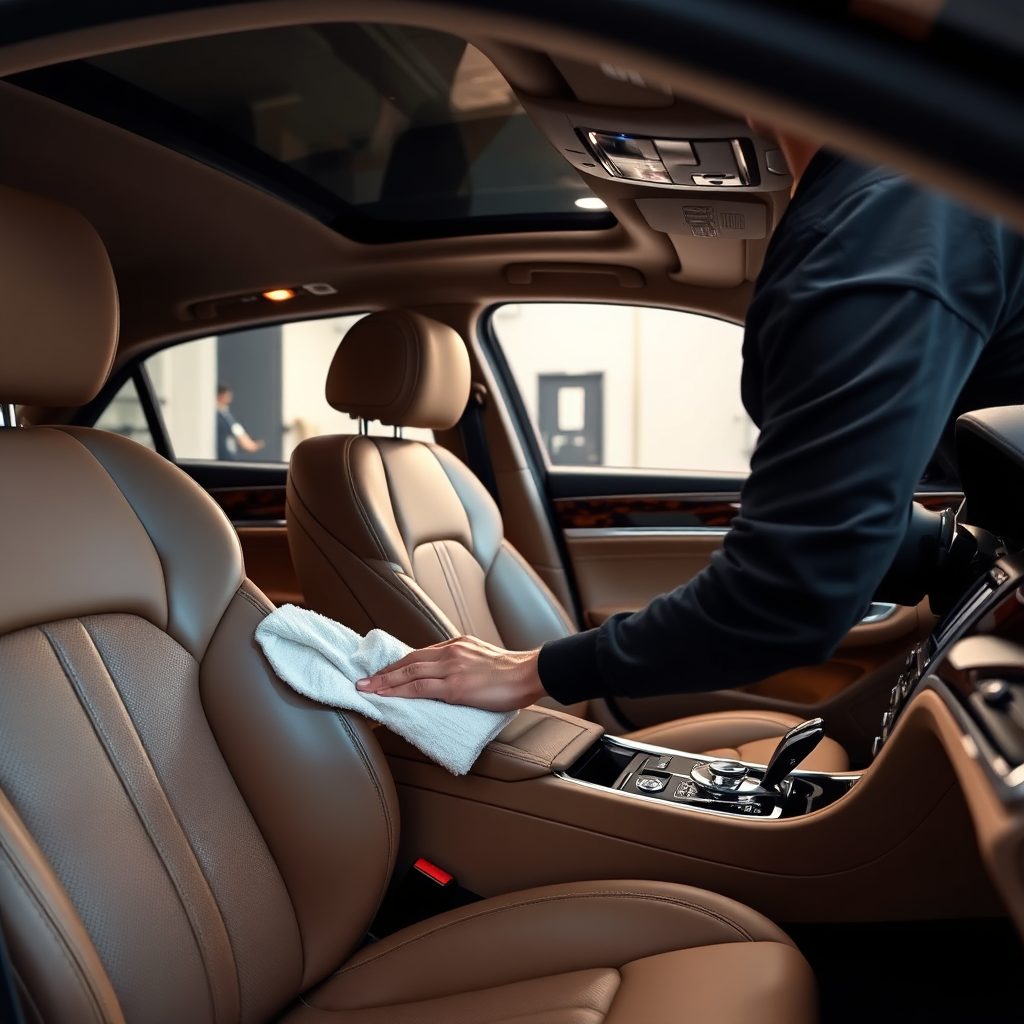 A photorealistic image showing a luxury car interior being detailed with precision. The focus is on the technician gently cleaning plush leather seats, with chrome details and wood trim gleaming. Soft, diffused lighting enhances the luxurious ambiance. The background reveals a hint of detailing tools, emphasizing the meticulous nature of the service.