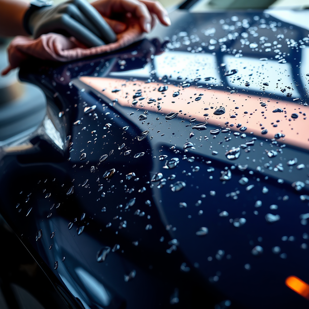 A photorealistic representation of a car being dried after a wash, showcasing water droplets glistening on its surface. The technician is using a microfiber towel, with reflections of the surroundings visible on the car. The color palette consists of rich, vibrant hues reflecting on the car's surface, striking a balance between realism and elegance.