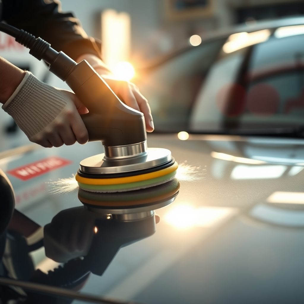 A striking image of a polishing machine in action on a luxury car, capturing the reflective surface as it glimmers under the bright sun. The technician’s hands are visible, emphasizing control and precision. A vibrant background with light reflecting off clean surfaces enhances the focus on the car's luster.