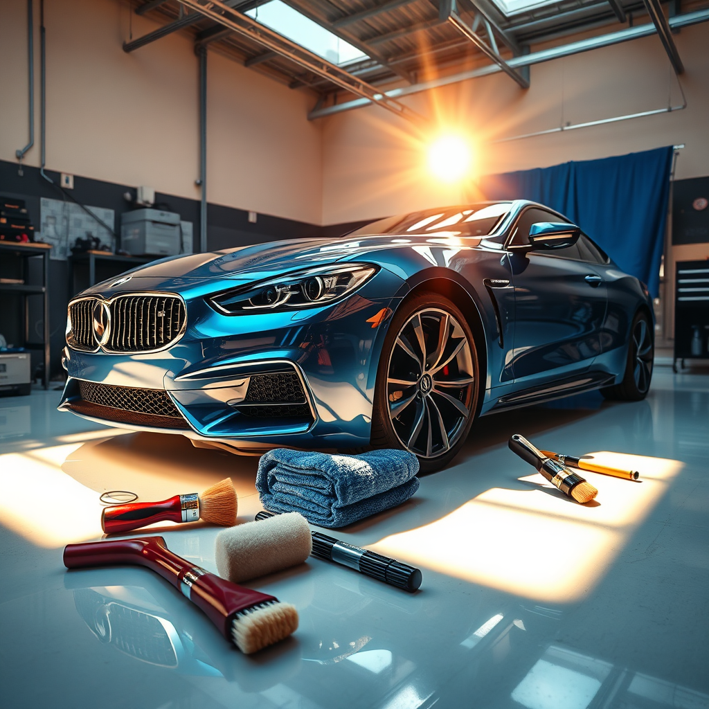 A stunning, photorealistic header image depicting a pristine car being meticulously detailed in a sunlit garage. The composition features a shiny, luxury vehicle reflecting light, surrounded by high-end detailing tools like brushes, polishers, and microfiber towels artistically arranged. The lighting is bright and warm, creating a vibrant atmosphere, with a color palette of deep blues and chrome accents. The camera angle captures the vehicle at an angle that highlights its curves and shine, while the environment showcases a sleek, modern garage with a clean, polished floor. Technical specs: 8K resolution, hyperrealistic.
