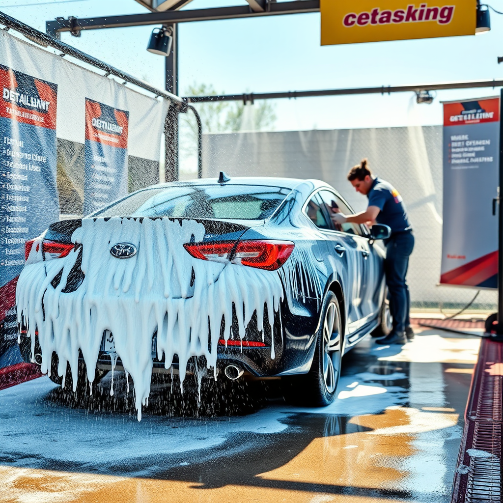 A vivid image depicting a car undergoing extensive washing and polishing in an outdoor wash bay. Water droplets shimmer in sunlight, and soap suds reflect color. Technicians are actively engaged, with the car surrounded by banners showcasing different detailing services. Bright and engaging colors create an energetic atmosphere.