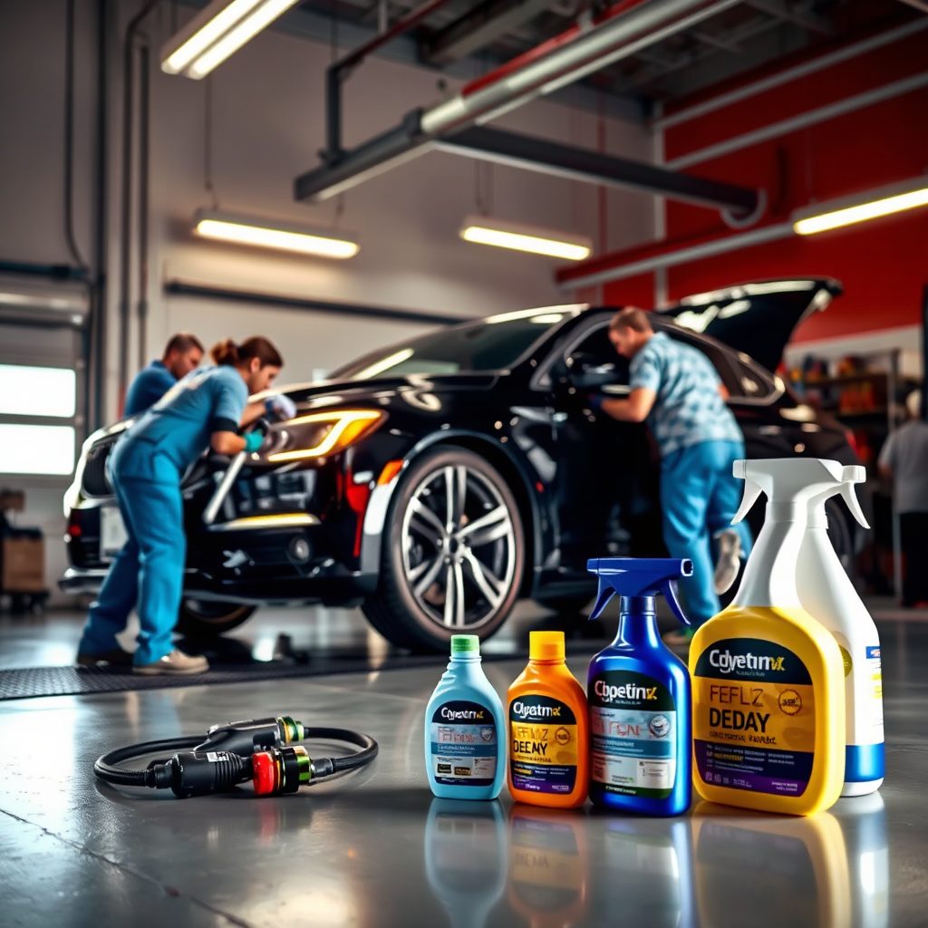 An engaging visual of a car undergoing a full-service detailing treatment within a well-lit garage. The scene showcases multiple technicians actively working on different vehicle parts, such as cleaning wheels and vacuuming interiors. Bright lighting enhances the effectiveness of various detailing products positioned prominently nearby.