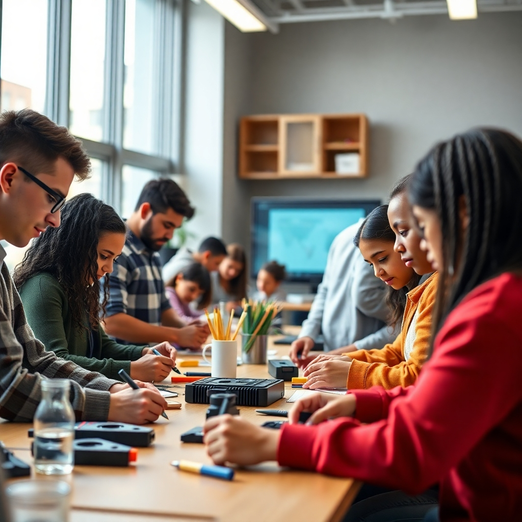 A brightly lit, modern classroom setting with diverse students actively participating in a hands-on workshop.  Show close-ups of individuals working on projects, using tools, and collaborating. Photorealistic, high-resolution image with a focus on engagement and interaction.