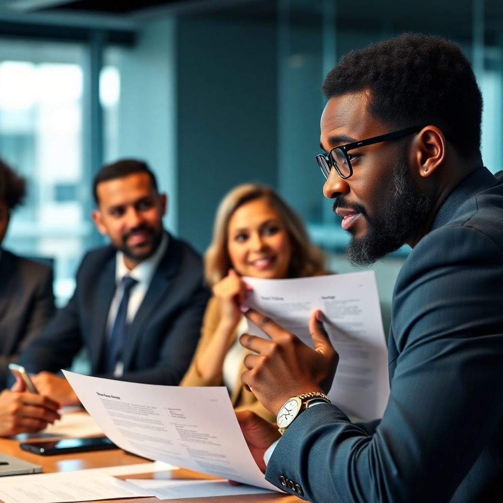 A close-up shot of a Black entrepreneur confidently presenting a business plan to a panel of investors. The scene should be professionally lit and the expressions on the faces of the investors should show engagement and interest.  The background should suggest a modern, upscale office setting. High-resolution, photorealistic image.
