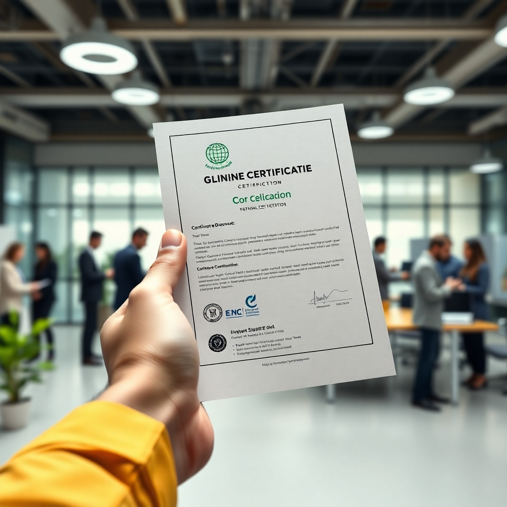 A close-up shot of a hand holding a globally recognized certification document, with the background subtly showing a modern and dynamic workspace filled with diverse professionals collaborating. The lighting should be bright, emphasizing the importance of the document.