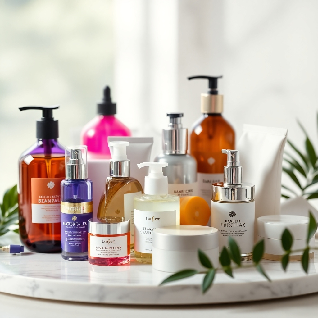 A close-up shot showcasing a variety of our health, beauty, and home care products.  The products should be arranged aesthetically on a white marble surface with soft, natural lighting. High-quality textures and vibrant colors are essential.  The background should be a blurred, soft-focus bokeh effect.  The overall mood should be clean, luxurious, and inviting.