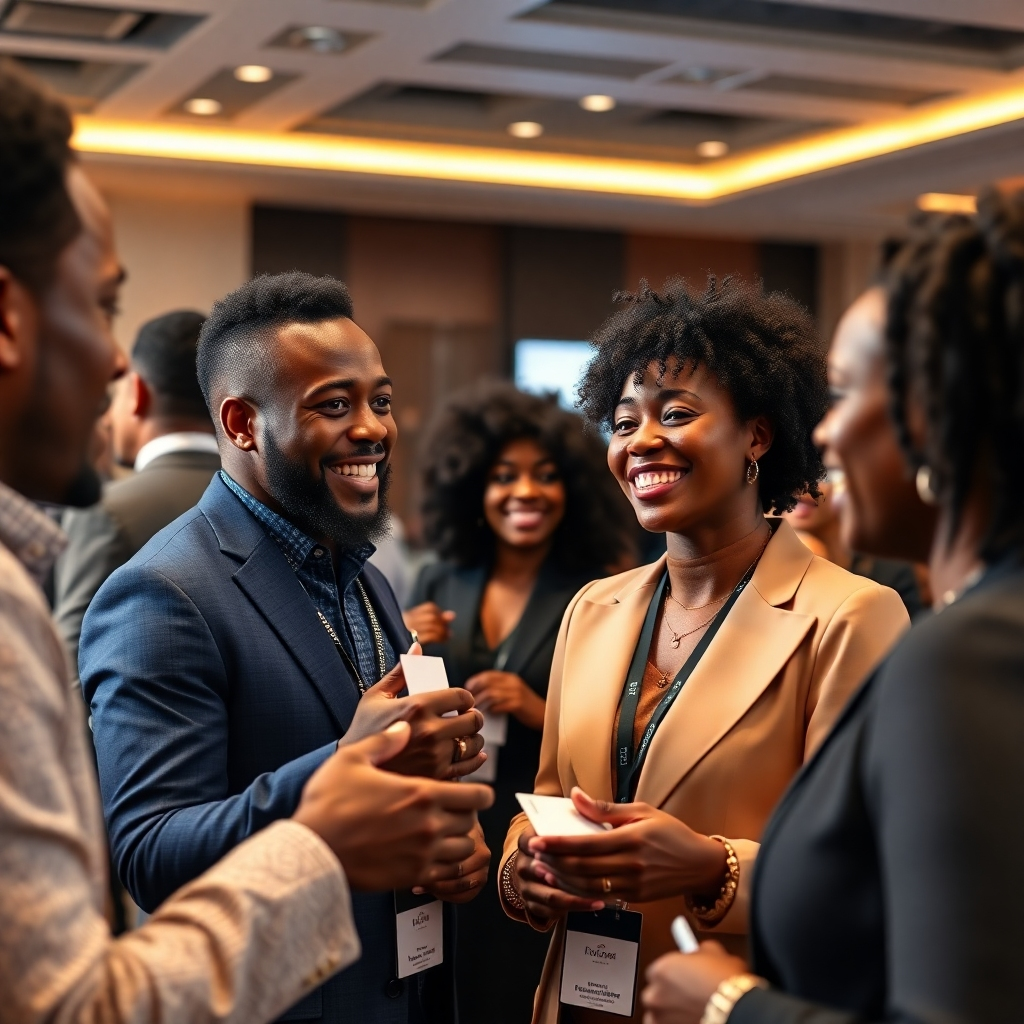 A diverse group of Black entrepreneurs and business professionals engaging in lively conversation and networking at a modern, well-lit conference venue.  Focus on genuine smiles, handshakes, and business cards being exchanged. The background should subtly suggest the event's industry, for example, tech or fashion. High-resolution, photorealistic image.