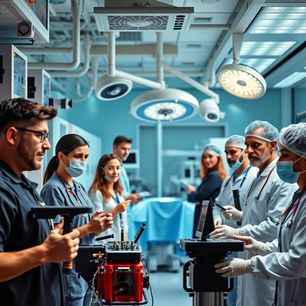 A diverse group of professionals in various settings (technology lab, hospital operating room, modern office) actively engaged in their work, showcasing specialized tools and equipment. High-resolution photorealistic image with a focus on detailed equipment and expressions of concentration and expertise.