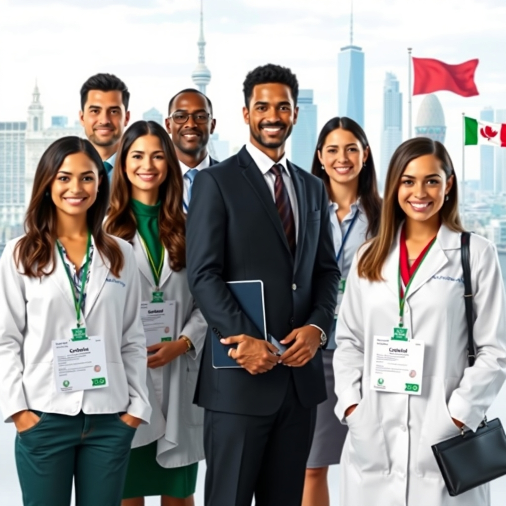 A diverse group of professionals from various fields, showcasing their globally recognized certifications proudly displayed on their attire, with a backdrop of international landmarks and flags, emphasizing global recognition and career advancement. The image should have a professional, high-quality, and photorealistic aesthetic.
