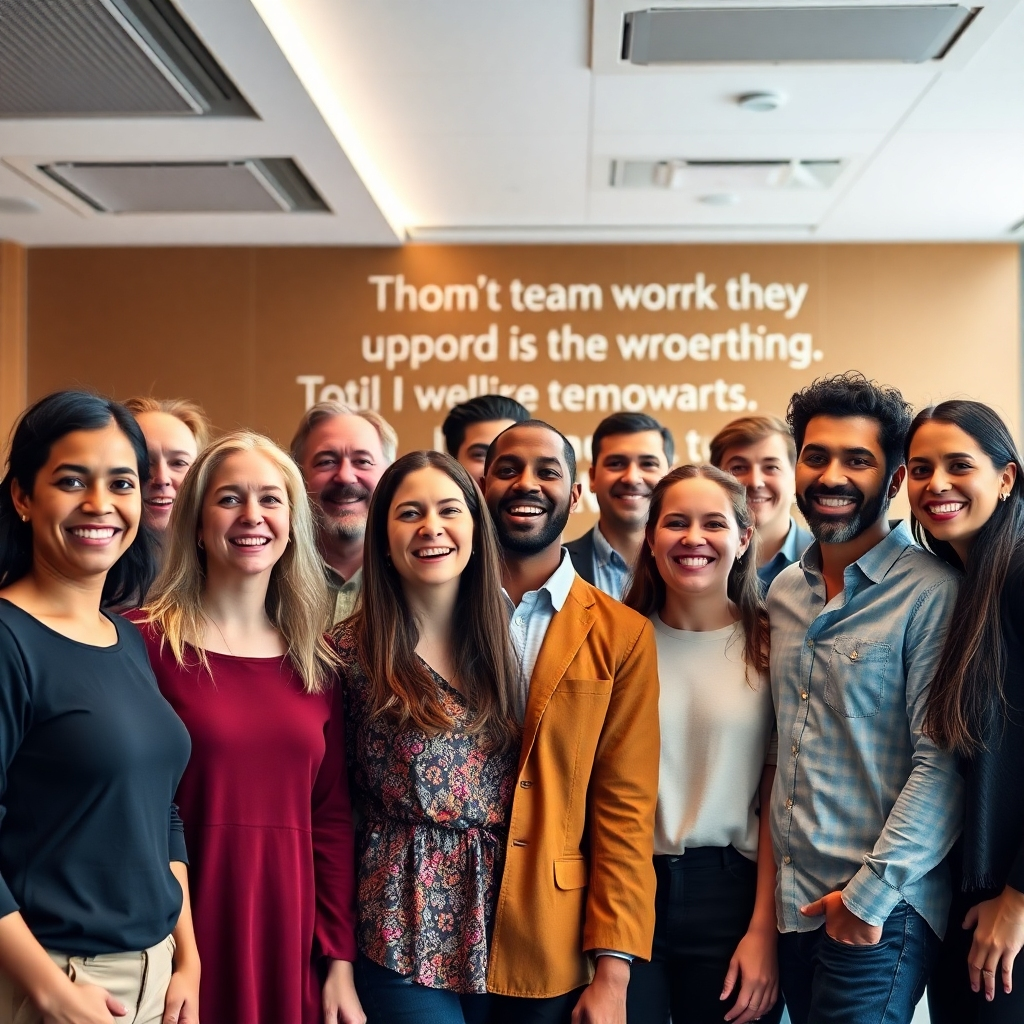 A diverse group of smiling people of different ages and ethnicities, standing together in a conference room, looking excited and connected.  In the background, a motivational quote related to teamwork and success.  Photorealistic, professional style, with vibrant colors.