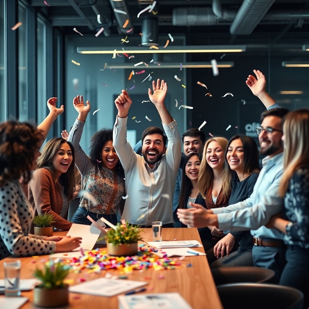 A dynamic and diverse group of people celebrating success in a modern, collaborative workspace.  Confetti falls gently, and there is a sense of accomplishment and teamwork.  The background subtly features career-related visuals, such as charts, graphs, or a cityscape.