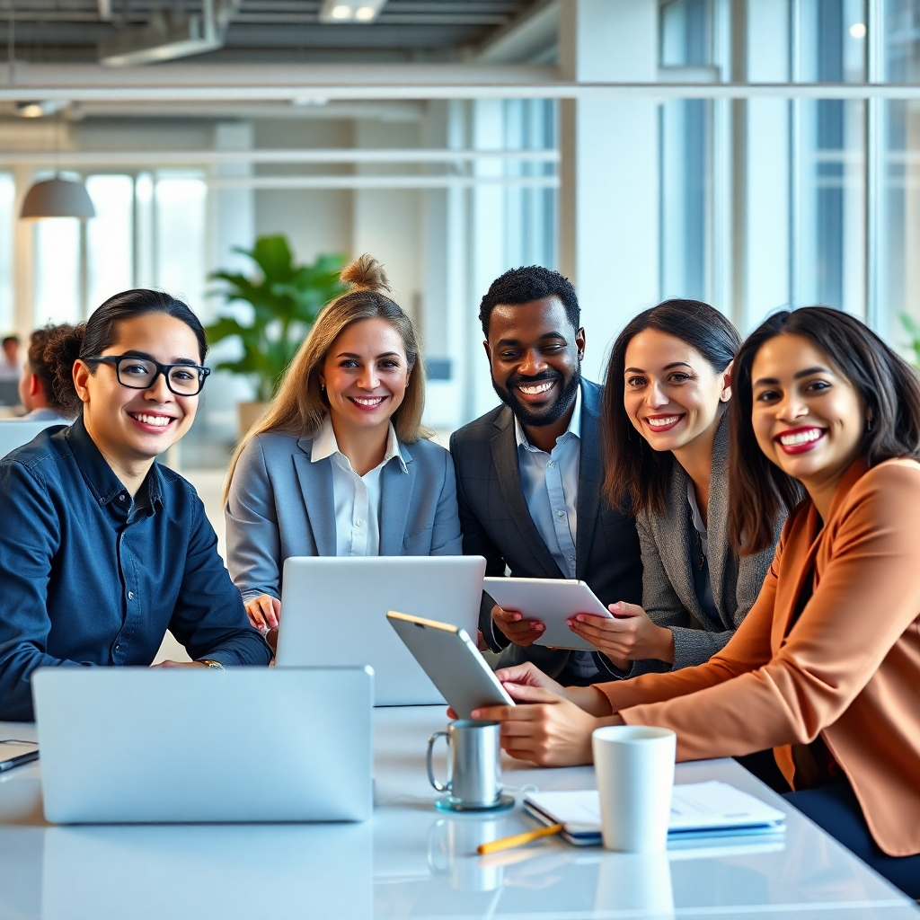 A friendly, diverse team of professionals working collaboratively, smiling and using laptops and tablets. The setting should be a bright, modern office space with a comfortable and welcoming atmosphere. High resolution, photorealistic style.