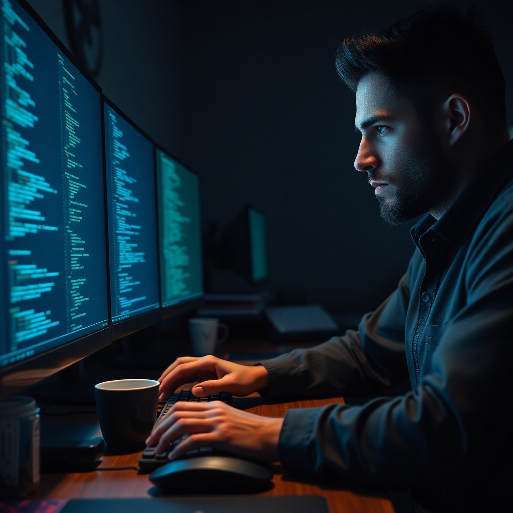 A hyperrealistic, ultra-detailed image showcasing a software developer (25-30 years old, appearing focused and confident, with diverse ethnicity) working late at night in a dimly lit, modern office. Dramatic side lighting accentuates the focused expressions and the glow of the multiple computer screens. The color palette is dark and moody, with cool blues and greens dominating, contrasted by the warm glow of the screens. The camera angle is a close-up, focusing on the developer's hands and the code on the screens. Textures should be highly detailed, including the smooth surface of the screens, the metallic finish of the keyboard, and the slightly worn texture of the desk. Environmental elements include a cluttered but organized desk with various tech gadgets, coffee cups, and books.  Props include a powerful gaming PC, multiple monitors displaying lines of code, wireless keyboard and mouse, and a mechanical keyboard. The style should be inspired by the cinematic work of Denis Villeneuve, creating a visually compelling and immersive experience.  The image conveys a feeling of late-night coding sessions and intellectual challenge.  The image should highlight the meticulous detail and technological precision of modern software development