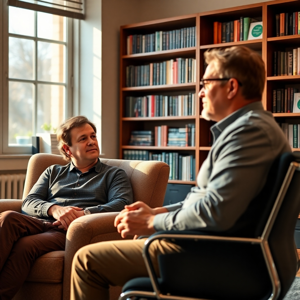 A hyperrealistic image, 8K resolution, showcasing a one-on-one coaching session between a charismatic coach and a focused client.  Warm, inviting light streams from a nearby window, casting soft shadows.  The color palette is calming and professional, using earth tones with pops of deep blue and green. The camera angle is slightly over-the-shoulder, focusing on the client's attentive expression while maintaining visibility of the coach. Textures and materials are crucial: the client is comfortably seated in a plush armchair, while the coach sits in a modern, sleek chair.  The setting is a comfortable, yet professional office with bookshelves filled with leadership and self-help books.  The background is subtly blurred to focus attention on the interaction.  The style emulates the work of Steve McCurry, capturing the emotional connection between individuals.  The mood is supportive, encouraging, and hopeful.
