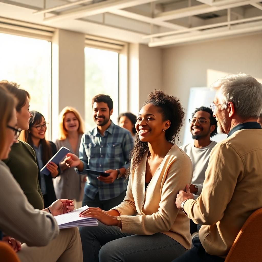 A hyperrealistic image in 8K resolution, showcasing a diverse group of people actively participating in an engaging workshop.  The setting is a bright, modern conference room with large windows allowing soft, diffused sunlight to stream in.  The room features minimalist decor, with neutral colors and natural materials. Participants are interacting with each other and a facilitator, who is enthusiastically presenting. The scene is filled with energy and collaboration.  The lighting is warm and inviting, creating a positive and inclusive atmosphere.  The color palette is warm and vibrant, with pops of color from presentation materials. The camera angle is slightly elevated and angled, capturing the dynamic energy of the group.  Focus on capturing the genuine expressions of the participants and the detail of the materials used in the workshop, such as notebooks and whiteboards. The style should emulate a professional corporate training setting but feel approachable and friendly, capturing a mood of collaborative learning.  The background should show elements of the workshop's focus, such as charts, graphs or other training materials, subtly hinting at the specific skills being developed. Texture and detail should be emphasized, especially the texture of the clothes, furniture, and presentation materials.