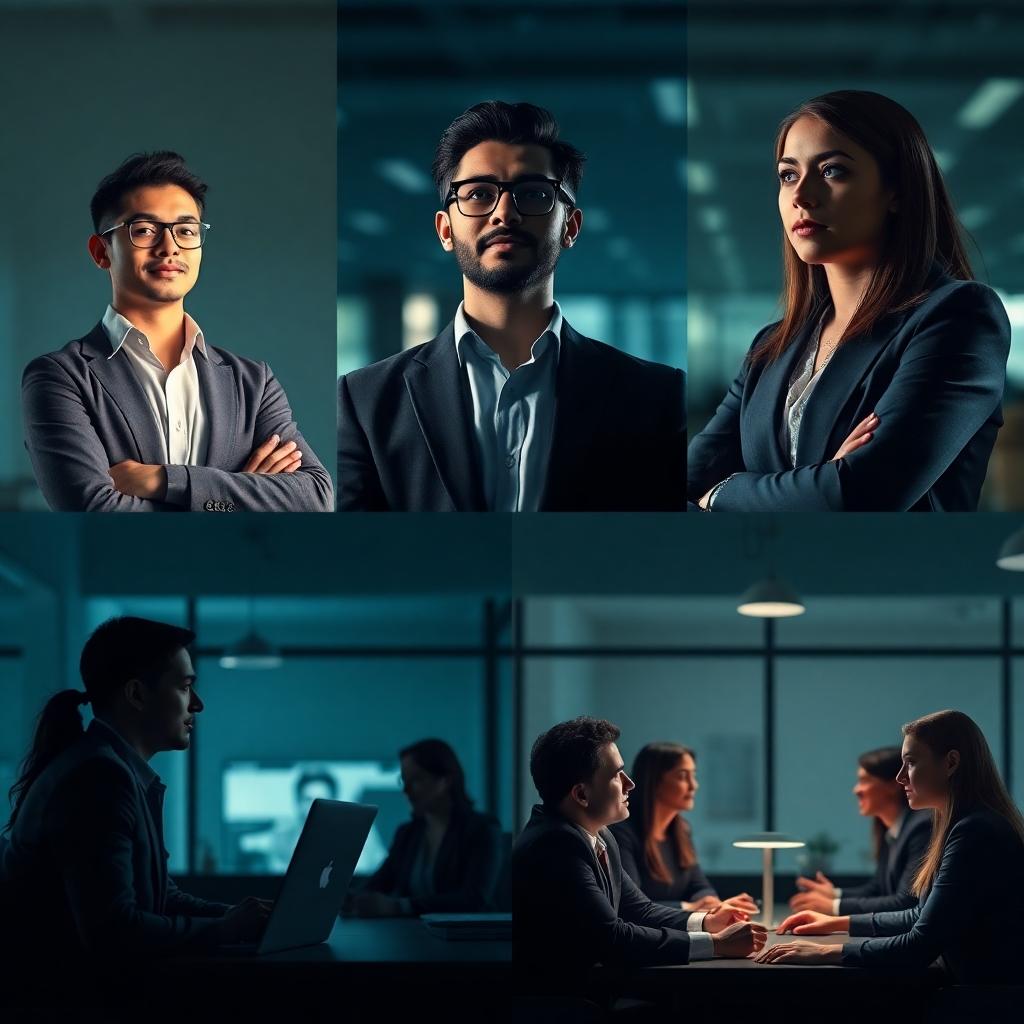 A montage showcasing several career progression scenarios. A person in a starting role progresses through multiple promotions, eventually leading a team.  Include diverse individuals in professional settings. Photorealistic style with a polished, inspirational mood, using a cinematic lighting technique.