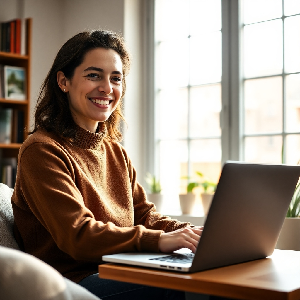 A person smiling confidently while working on a laptop in a comfortable, modern home office.  Natural light streams through a large window.  Books and plants are subtly visible in the background.  The overall mood should convey ease, flexibility, and productivity.