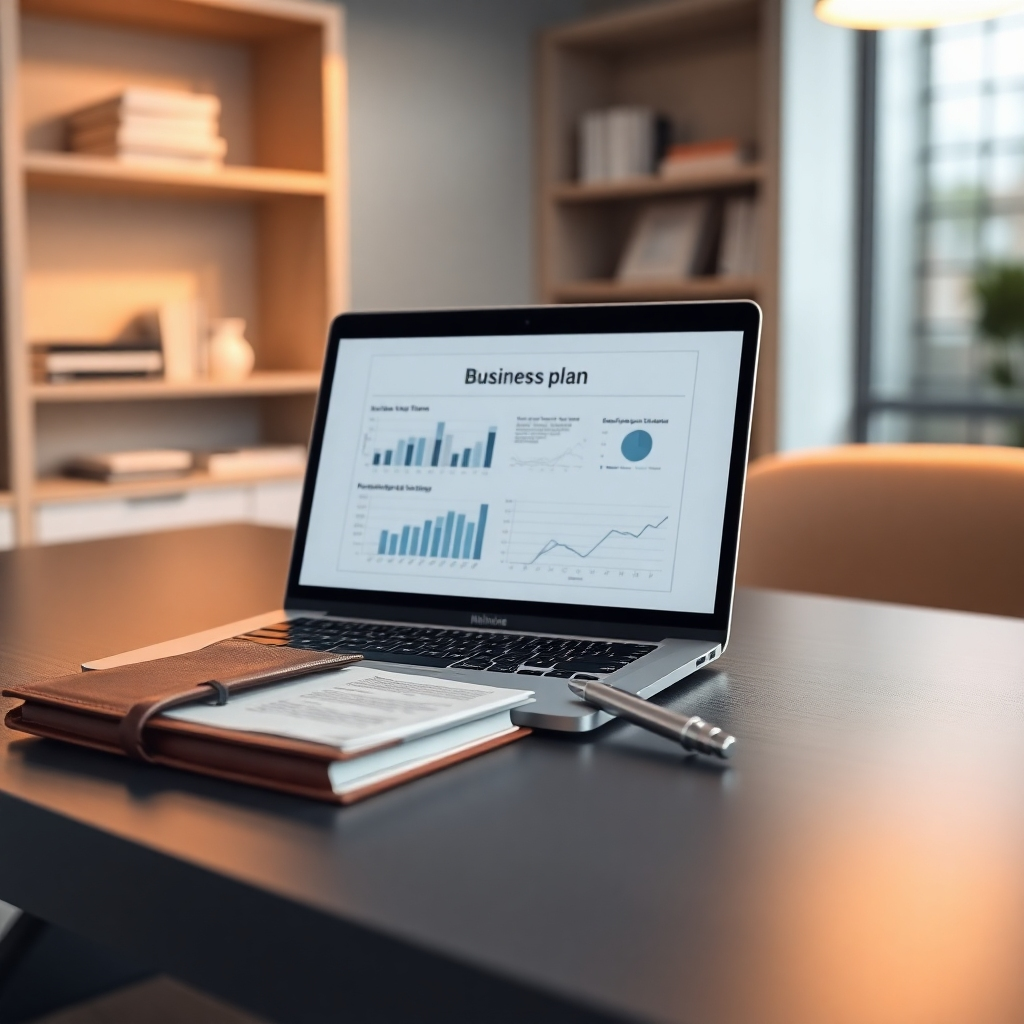 A photorealistic, 8K resolution image depicting a well-lit, modern office desk.  On the desk sits a sleek, silver laptop displaying a professional business plan document with charts and graphs. A leather-bound notebook and a silver pen rest beside it, suggesting thoughtful planning. Soft, diffused lighting illuminates the scene, casting a warm glow. The overall mood is professional, sophisticated, and inspiring. The background is subtly blurred, featuring shelves with neatly organized books, adding depth and context. Camera angle is slightly elevated, looking down onto the desk from a three-quarter perspective. The color palette is muted, elegant, and professional with soft grays, blues, and blacks.  Textures should be highly realistic—smooth laptop, grainy paper, soft leather. The image should have an overall calm and confident feel, in the style of a high-end corporate advertisement. The focus should be extremely sharp on the document, with gentle bokeh on the background.  Materials should be rendered with exceptional detail, reflecting light realistically. The image should convey trustworthiness and expertise.
