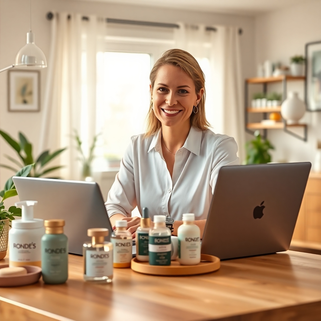 A photorealistic, 8K resolution image depicting a successful Ronde's Health World distributor in their home office. Soft, warm lighting illuminates the scene, highlighting a variety of Ronde's health, beauty, and home care products neatly arranged on a stylish desk. The distributor, mid-30s, with a confident and friendly expression, is smiling while using a laptop to manage their online sales. Their attire is professional yet approachable, reflecting a healthy lifestyle. In the background, subtly visible, is a home environment showing elements of natural light and a healthy, organized space. The image should evoke feelings of success, empowerment, and financial freedom. The color palette is bright and positive, featuring natural earth tones, soft pastels, and pops of the Ronde's brand colors. The camera angle is slightly elevated, capturing the distributor from a flattering perspective. The style should be reminiscent of contemporary lifestyle photography, showcasing a clean aesthetic with a focus on detail and realism, inspired by the works of Annie Leibovitz. Textures of wood, glass, and the products themselves should be realistically depicted, with attention to fine details and subtle highlights.