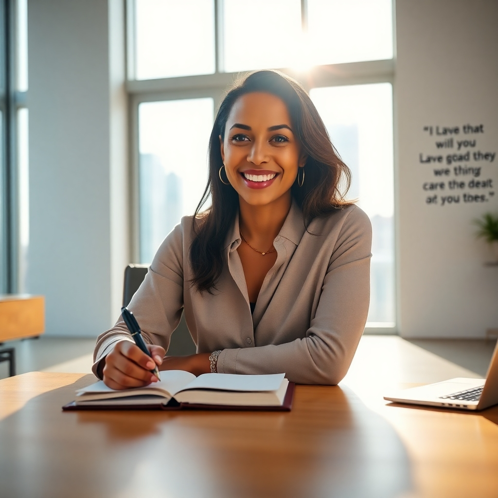 A photorealistic, 8K resolution image depicting a confident, diverse woman in her late 20s smiling warmly, sitting at a modern minimalist desk in a bright, sunlit office.  She's looking directly at the camera, holding a notebook and pen. The room features large windows with a city view, adding a feeling of openness and opportunity. Soft, diffused lighting illuminates the scene, creating a calm and inspiring atmosphere. The color palette is warm and inviting, with soft whites, light blues, and natural wood tones. The overall mood is positive and empowering. The camera angle is slightly low, emphasizing her height and confidence. The textures are smooth and refined; the desk is made of sleek, polished wood, and the notebook has a soft, textured leather cover.  Background elements include stylish and minimalist office decor, with an inspirational quote subtly visible on the wall.  In the style of Annie Leibovitz, emphasizing natural beauty and strong composition.  The image should be hyperrealistic and ultra-detailed, showcasing each individual strand of hair, the texture of the fabric, and the fine details of her surroundings.  The overall aesthetic should project success, confidence, and growth.