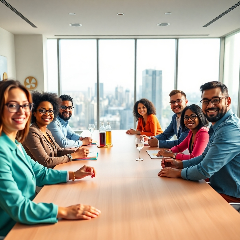 A photorealistic, 8K resolution image depicting a diverse group of confident professionals engaged in a dynamic leadership workshop.  Soft, diffused lighting illuminates a modern, minimalist conference room with large windows offering a view of a cityscape. The color palette is vibrant and energetic, featuring teal, coral, and gold accents. The camera angle is slightly elevated, providing a comprehensive view of the participants.  Textures should be realistic, including the smooth surfaces of the conference table and the subtle textures of the participants' clothing.  The background includes elements of success, such as award plaques and charts displaying positive growth.  The overall mood is optimistic and empowering.  The style is inspired by Annie Leibovitz's corporate photography, focusing on capturing genuine interactions and expressions.  The image should convey a sense of collaboration, growth, and mutual respect.