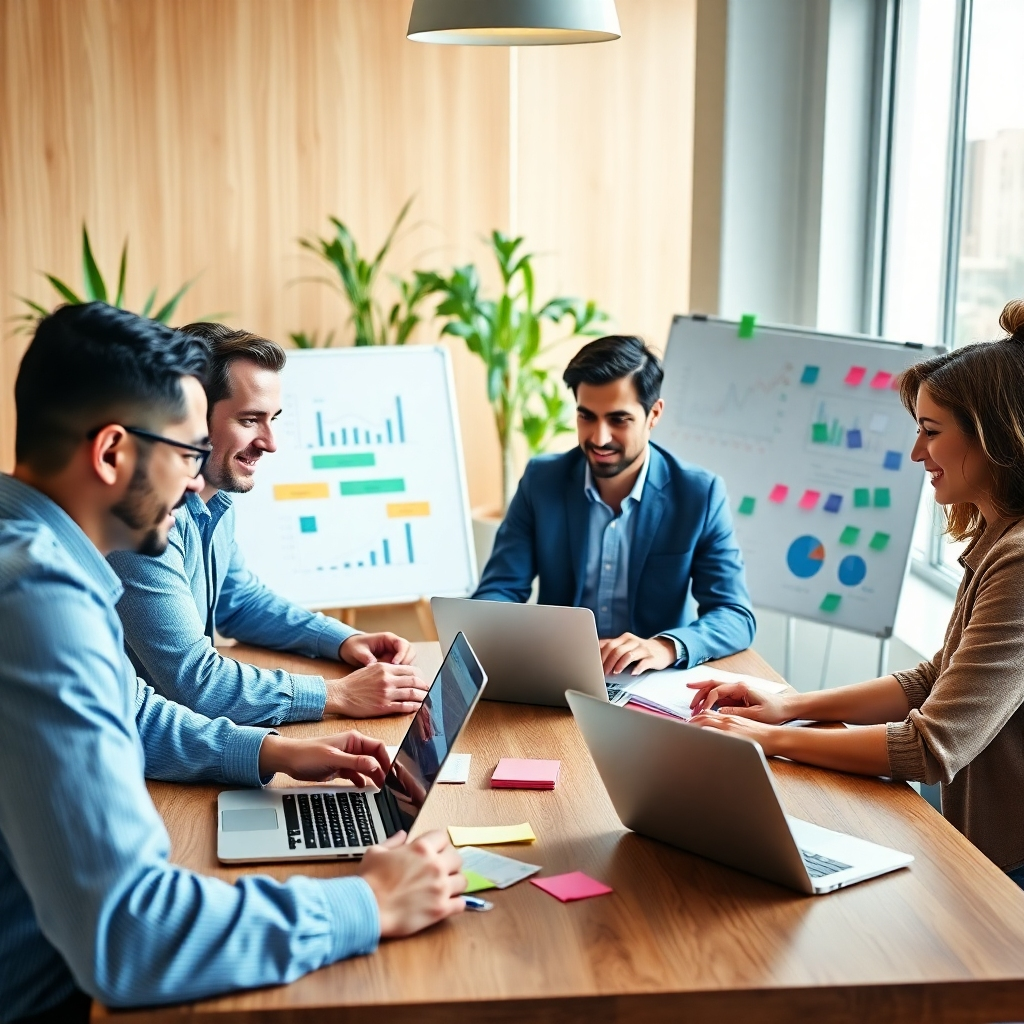 A photorealistic, 8K resolution image depicting a diverse group of professionals (3 men, 3 women, representing various ethnicities and ages) in a modern, bright office setting.  They are actively engaged in a business simulation exercise, using laptops and whiteboards. Soft diffused lighting creates a positive and collaborative atmosphere. The color palette is vibrant and professional, with cool blues and greens contrasting against warm wood tones.  The camera angle is slightly elevated, offering an overview of the scene.  Textures should be highly detailed, including the smooth surfaces of the laptops, the textured fabric of their clothes, and the slightly worn wood of the table.  Environmental elements include potted plants and natural light streaming from large windows. Props include laptops, whiteboards filled with charts and graphs, and colorful sticky notes.  The overall style should emulate the work of Annie Leibovitz, emphasizing candid moments of collaboration and intense focus. The image should convey a sense of energy, collaboration, and professional growth.  The image must capture the feeling of innovative solutions and strategic teamwork within a professional business environment.