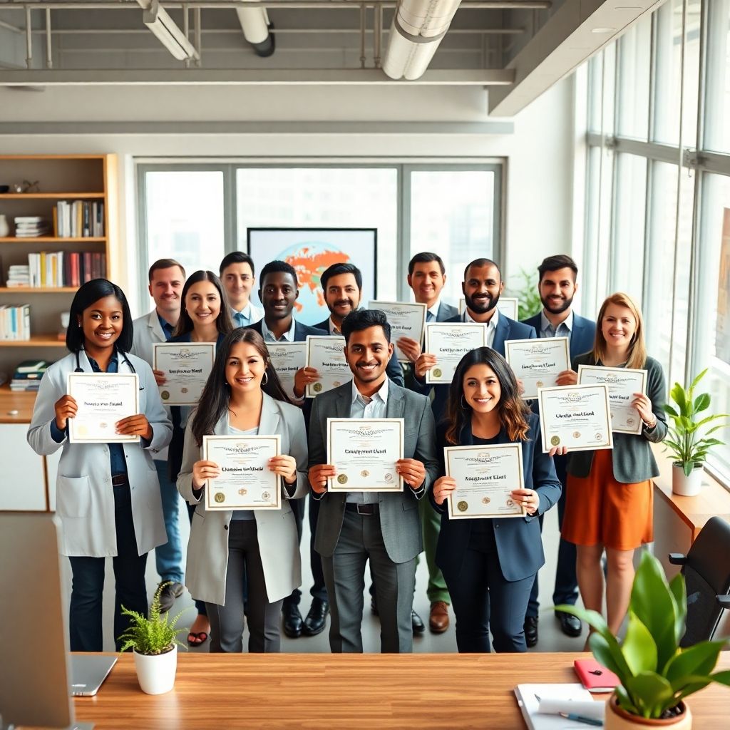 A photorealistic, 8K resolution image depicting a diverse group of professionals from various fields (medicine, engineering, IT, etc.) proudly displaying their Certification International Ltd. certificates. The scene is set in a modern, brightly lit office space with large windows providing soft, natural light. The color palette is vibrant and professional, with a mix of warm and cool tones. The camera angle is slightly elevated, showcasing the group's celebratory mood.  Textures and materials include the smooth paper of the certificates, the sleek surfaces of modern desks and technology, and the subtle texture of clothing fabrics. Environmental elements include potted plants and modern artwork. The background includes shelves showcasing books and awards. The style should emulate a contemporary corporate portrait, similar to the work of Annie Leibovitz, emphasizing individual achievement within a collaborative setting.  The image should exude confidence, success, and global reach.  The overall mood is one of accomplishment and professional pride.  Hyperrealistic rendering with ultra-detailed textures is required.  Focus on sharp details and realistic skin tones.