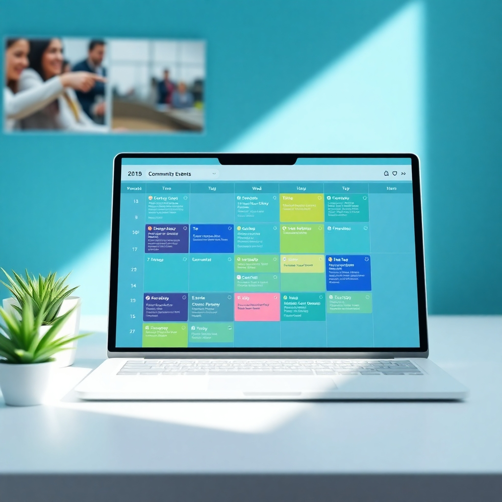 A photorealistic, ultra-high-definition (8K) image showcasing a sleek and user-friendly community event calendar integrated into a website. The design should be clean, modern, and intuitive, drawing inspiration from successful social media platforms.  The lighting should be bright and clear, with a slightly soft, diffused quality to enhance readability.  The color palette should be clean and professional, featuring calming blues and greens, accented with pops of color for specific events.  The camera angle should be from a slightly elevated perspective, offering a clear view of the calendar layout and key features. Textures should include smooth surfaces for the interactive elements and a subtly textured background to avoid visual fatigue. Environmental elements should include subtle background images relevant to community events. Props should include visually engaging representations of event details, including date, time, location, and a brief description.  The style should be contemporary and functional, prioritizing user experience and ease of navigation.  The image should be hyperrealistic, emphasizing clarity, detail, and visual appeal.  The overall mood should be organized, efficient, and engaging, reflecting the ease and convenience of using the integrated calendar.