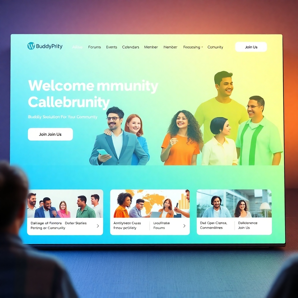 A photorealistic, ultra-high-resolution (8K) image depicting a vibrant and welcoming community website homepage. The design should be modern and clean, inspired by the BuddyPress theme 'Ultimate Solution For Your Community.'  The homepage showcases diverse individuals interacting positively within various sections representing different community groups.  Soft, diffused lighting creates a warm and inviting atmosphere.  The color palette is bright and optimistic, featuring a mix of blues, greens, and oranges.  The camera angle is a slightly elevated perspective, showing the entire homepage layout.  Textures include smooth surfaces for the website elements and subtly textured backgrounds for visual interest.  Environmental elements include subtly blurred background images suggesting community activities.  Props include icons representing forums, event calendars, and member profiles.  The overall mood is friendly, inclusive, and engaging. The style should evoke a feeling of connection and belonging, similar to the work of contemporary website design firms specializing in community platforms.  The image should be hyperrealistic and ultra-detailed, showcasing intricate UI elements and a high level of visual fidelity.  The 'Join Us' buttons should be prominently displayed on each community group section.