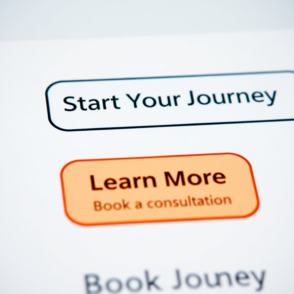 A photorealistic close-up shot of a website featuring prominent, visually appealing CTAs, such as 'Start Your Journey', 'Learn More', or 'Book a Consultation'. The buttons should be well-designed, with clear and concise text, using contrasting colors for emphasis. The background should subtly blend with the overall website design.