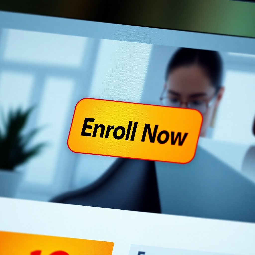 A photorealistic close-up shot of a website screen displaying a prominent call to action button on a landing page. The button should be brightly colored and visually striking, with clear and concise text like "Enroll Now." The background should be subtly professional and modern.  The overall feel should be inviting and encourage immediate action.  The image should also subtly show other elements of the website in the background, suggesting a well-designed and user-friendly experience.