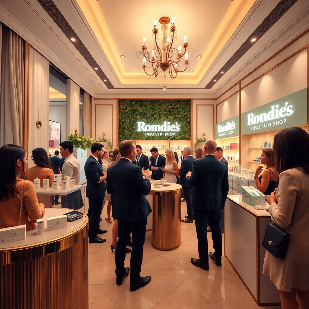 A photorealistic image, 8K resolution and hyperrealistic detail, of an elegant launch event for Rondies'sHealth Shop's new line of home care products. The scene shows a stylishly decorated venue with guests mingling and interacting with Rondies'sHealth Shop representatives. Soft, warm lighting creates a sophisticated ambience. The colour palette is sophisticated and calming using creams, pastels and pops of the brand colour(s). The products are tastefully displayed.  The camera angle is at eye-level to engage the viewer; providing a broad view of the event.  The textures of the environment are detailed: luxurious fabrics, smooth surfaces of home care products,  polished floor. Background details include elegant décor, product displays, and branding elements.  The style is inspired by contemporary event photography, capturing the excitement and energy of the launch. The mood is energetic, optimistic and celebratory.  Lighting is warm and inviting, reflecting the home-like theme.