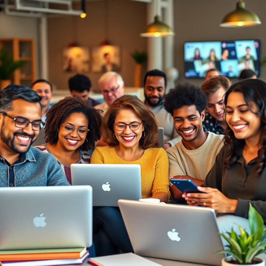 A photorealistic image, 8K resolution, hyperrealistic detail, soft diffused lighting, warm color palette evoking a sense of comfort and learning.  The image shows a diverse group of people of different ages and ethnicities, smiling and engaged in online learning.  Some are using laptops in comfortable home settings, others are in a modern, well-lit co-working space.  Focus should be on the expressions of concentration and satisfaction on the learners' faces.  Include various devices like laptops, tablets, and smartphones to show accessibility across devices. The background should subtly feature elements suggesting online learning like course modules on screens or educational icons.  Capture the feeling of modern, flexible, and accessible education. The style should be similar to that of Annie Leibovitz's portrait photography.  Include diverse props: textbooks, notepads, coffee mugs, plants, and modern office furniture, ensuring visual appeal and showcasing a sense of comfortable and productive learning environments. The composition should be dynamic, with a shallow depth of field to draw attention to the learners.  The overall mood should be positive, optimistic, and inspiring.