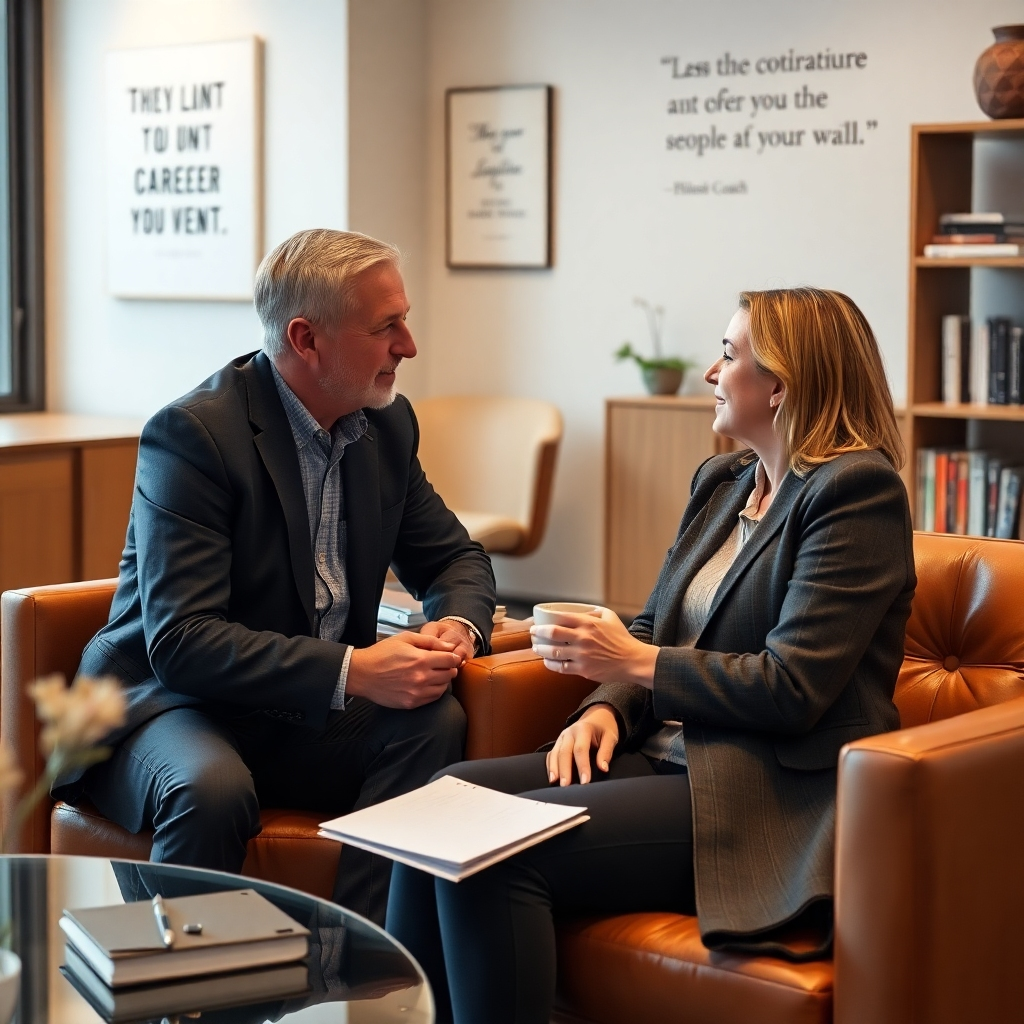 A photorealistic image, 8K resolution, with soft, warm lighting emphasizing intimacy and trust. The scene depicts a one-on-one meeting between a career coach and a client. They are sitting in a comfortable, modern office setting with warm-toned wood furniture and soft, neutral colors.  The composition is focused on the connection between the coach and the client; their body language should convey trust and understanding. The textures should be highly realistic – the fabric of clothing, the feel of leather furniture, and the subtle sheen of a coffee cup.  Props might include notepads, pens, inspirational quotes on the wall, and business books on a shelf.  The background should be subtly blurred to keep the focus on the two individuals.  The style should feel intimate and professional, perhaps referencing the portrait photography style of Steve McCurry, emphasizing the human connection. The overall mood is supportive, optimistic, and encouraging, reflecting the positive experience of career coaching.