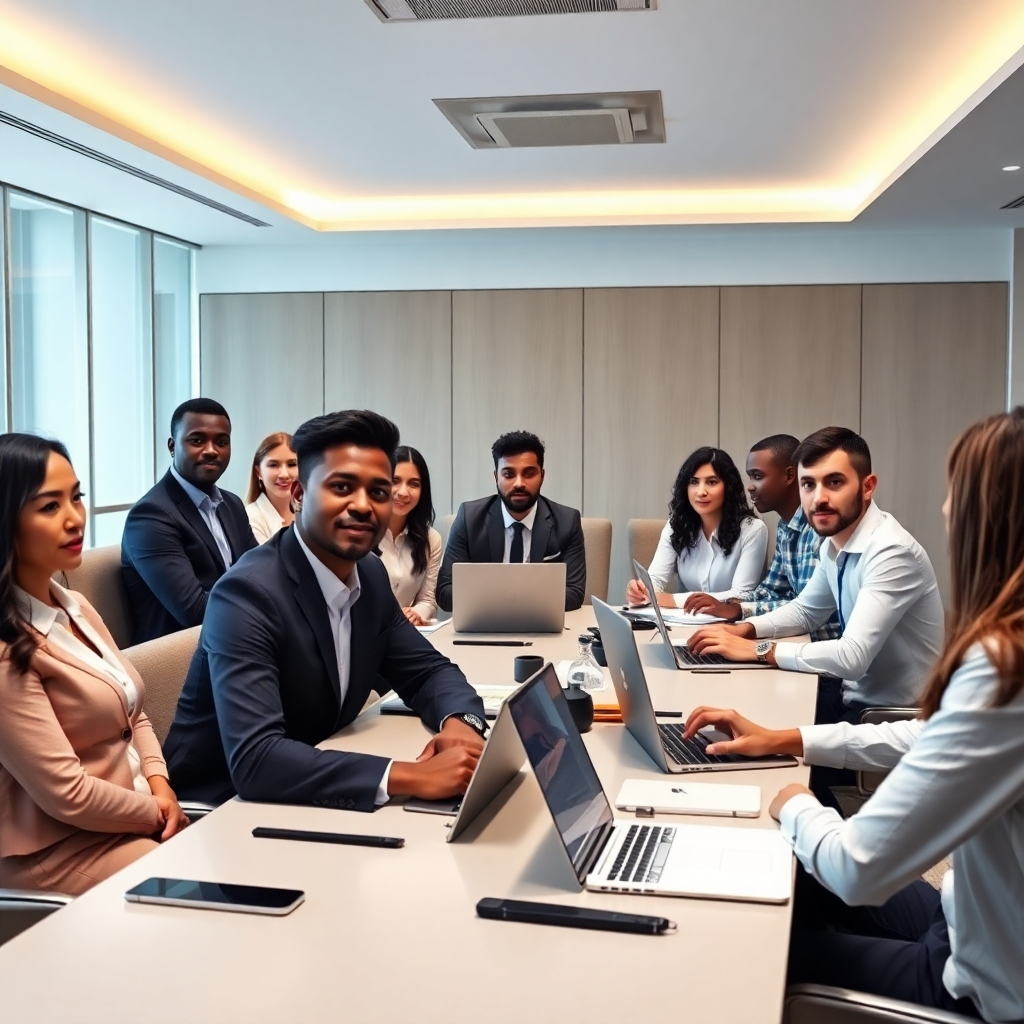 A photorealistic image, 8K resolution, hyperrealistic, featuring soft, even lighting to create a professional and trustworthy atmosphere.  The image portrays a diverse group of employees from a single company engaged in a corporate training session.  The setting is a modern, minimalist conference room with sleek, contemporary furniture.  The color palette is sophisticated and neutral, with accents of the company's brand colors. The camera angle is slightly elevated, providing a wide shot of the room.  Textures of materials should be realistic, including the smooth surfaces of the tables and the subtle texture of the clothing.  Props include laptops, presentation materials, and company branding elements subtly incorporated into the environment.  The background should be uncluttered, focusing attention on the participants.  The mood is serious, professional, and focused on collaboration and learning. The style should mimic the style of a corporate promotional video still image. The image is clean, professional, and represents a highly productive learning environment.  High attention to detail is required to render every individual as distinct and engaged.