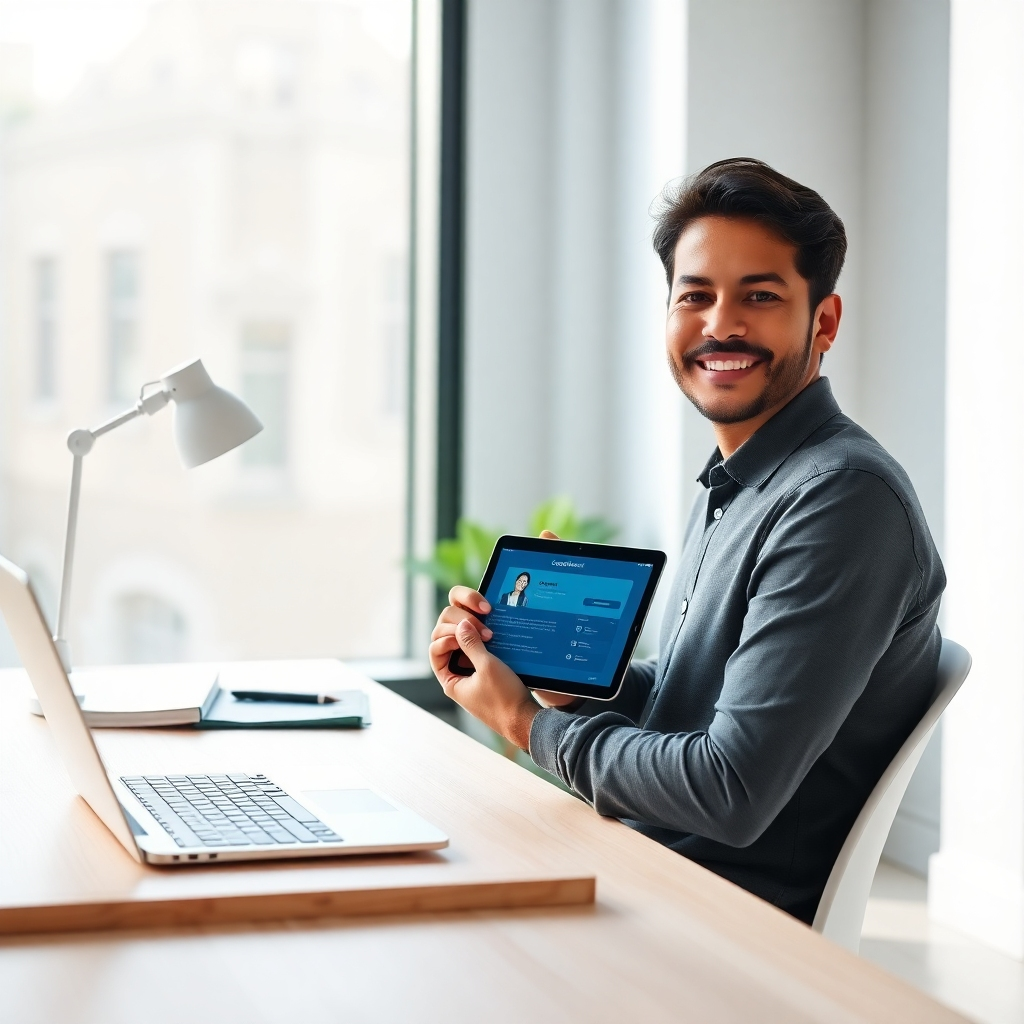 A photorealistic image, 8K resolution, hyperrealistic detail, in the style of a modern, clean corporate photography.  The image shows a person, mid-30s, diverse ethnicity, smiling confidently, sitting at a minimalist desk in a bright, modern office.  Soft, diffused natural light streams through a large window. The person is looking directly at the camera, holding a tablet displaying a Certification International Ltd. course interface. The color palette is calming, with muted blues, greens, and warm whites. The desk is made of light-colored wood with clean lines, featuring a laptop, wireless keyboard, and a modern desk lamp. The background subtly shows other modern office elements, maintaining a clean and uncluttered composition. The overall mood is one of professionalism, success, and ease. The camera angle is slightly elevated, a medium shot focusing on the person and tablet. Texture details should include the smooth wood grain of the desk, the soft texture of the person's clothing, and the reflective glass of the window. The image should evoke a sense of achievement and ease of learning through technology.