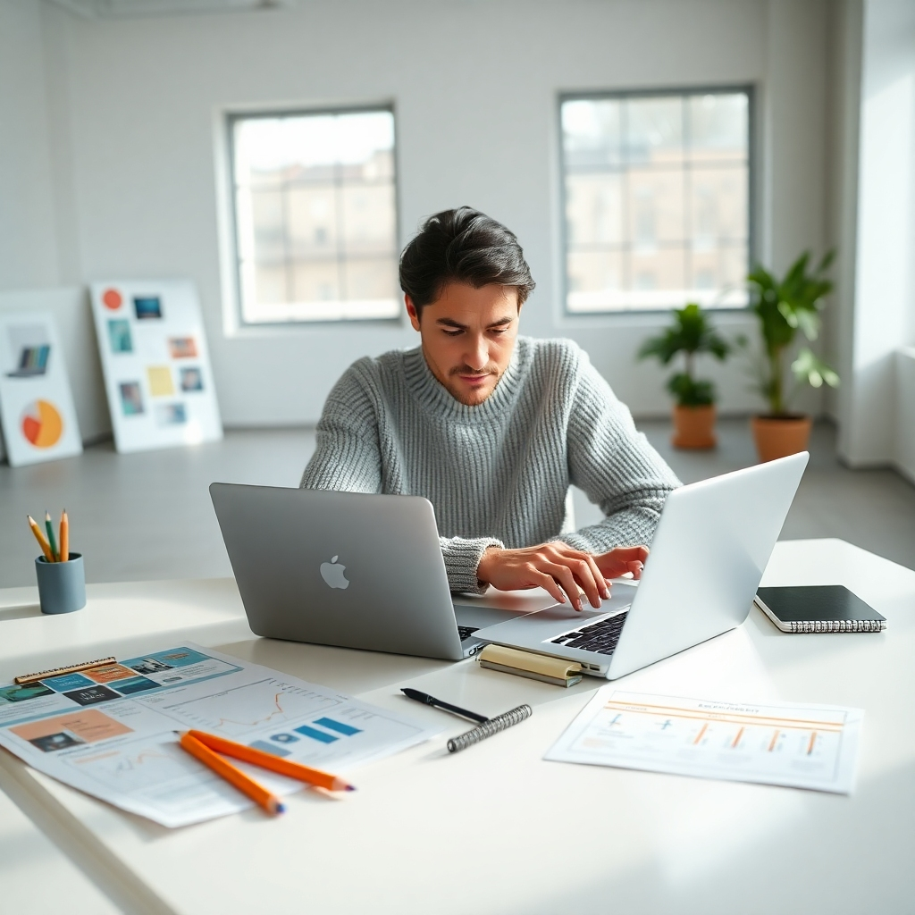 A photorealistic image, 8K resolution, hyperrealistic detail, depicting a modern, minimalist workspace bathed in soft, diffused natural light.  A freelancer sits at a sleek, white desk, thoughtfully typing on a laptop. On the desk are scattered design elements; a colorful mood board, pencils, a notebook filled with hand-written notes, and a partially-finished infographic. The infographic depicts clear, simplified data and visuals related to digital marketing. The overall color palette is calming and professional, featuring soft blues, grays, and accents of a warm, muted orange. The camera angle is slightly elevated, offering a three-quarter view of the freelancer. The scene is styled in the manner of a contemporary commercial photography, focusing on clarity and a sense of productivity. Textures should be highly detailed, such as the smooth surface of the laptop, the slightly rough texture of the notebook paper, and the soft knit fabric of the freelancer's sweater. The background is blurred but shows a loft-style office with large windows allowing ample natural light. The mood is one of calm concentration and creative work.