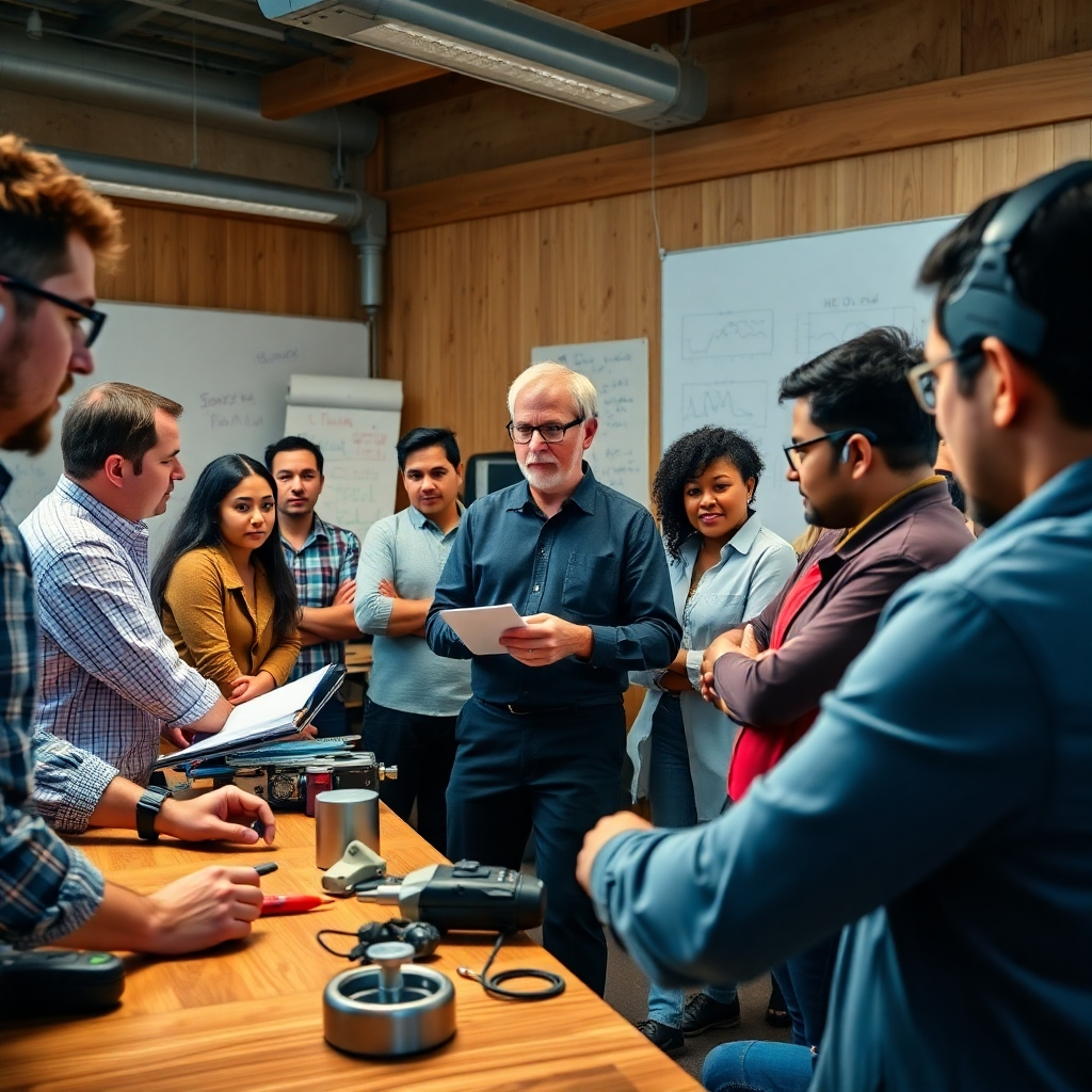 A photorealistic image, 8K resolution, ultra-detailed, with dramatic side lighting to highlight the intensity and engagement. The image depicts a dynamic scene in a modern, well-equipped classroom, showcasing a diverse group of professionals actively participating in a hands-on workshop. The instructor, an expert in their field, is centrally positioned, guiding participants through a practical exercise.  The color palette should be vibrant yet professional.  The camera angle should be slightly elevated, providing a comprehensive view of the workshop. Textured materials such as wood, metal, and fabric should be prominently featured in the workshop setting.  Props include specialized tools, equipment relevant to the workshop, and whiteboards filled with diagrams and equations.  The background should include subtle details suggesting a professional learning environment. The mood should be energetic and collaborative, reflecting the active learning process. Style inspiration should be from contemporary documentary photography. The overall composition should be dynamic and focused, showcasing the active engagement and collaboration between the participants and instructor.